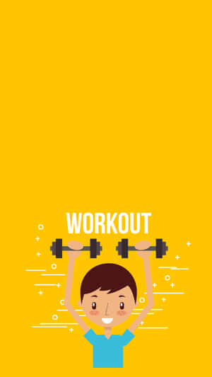 卡通男孩舉重，黃色背景上有'WORKOUT'文字。