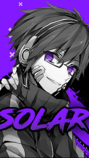 擁有紫色眼睛和耳機的動漫角色，帶著「SOLAR」文字微笑。 — 可愛動漫頭像gif 壁紙