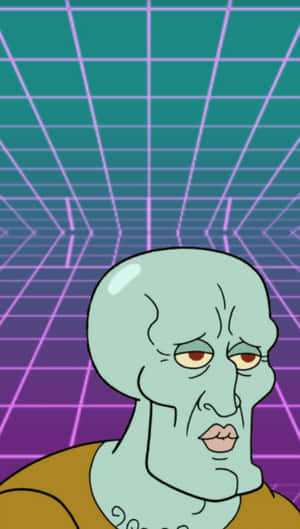 Squidward Tentacles 在復古網格背景中帶著疲憊的表情。