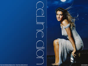 Celine Dion 身穿銀色連衣裙，在月光下跪在水邊。