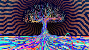 一棵發光的樹，帶有彩虹根和枝條，在旋轉的條紋背景上。