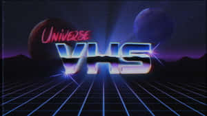 VHS文字在霓虹網格上發光，與太空中的行星一起