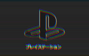深色背景上帶有故障霓虹色日文文字的PlayStation標誌。