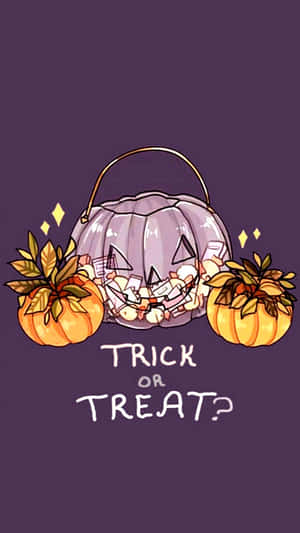 紫色傑克南瓜燈糖果桶，配有橙色南瓜和「Trick or Treat?」文字。 — 萬聖節美學 壁紙