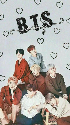 七位來自 BTS 的 K-pop 偶像，穿著休閒服裝，背景有愛心和樂隊名稱。