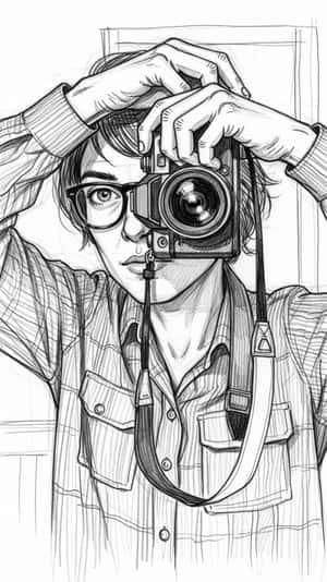 一個戴眼鏡嘅人喺素描中將相機舉到面前。 — 超高清 GIF 壁紙