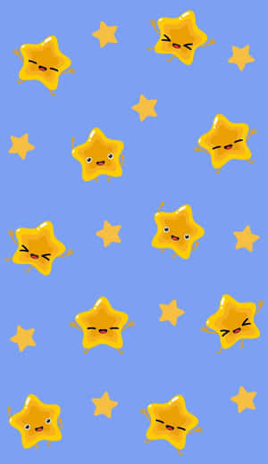 藍色背景上散落著可愛臉孔的黃色卡通星星。 — 插畫 壁紙