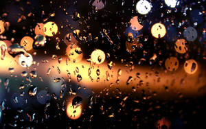 玻璃上的雨滴折射出夜晚溫暖的城市燈光。