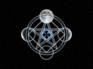 繁星點點的夜空中帶有月亮和漩渦的幾何符號