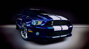 攝影棚燈光下的藍色Shelby Mustang，帶有白色條紋
