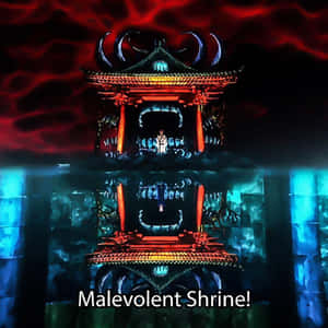 一個發光的紅藍色神殿，帶有角，在深紅天空下倒映在水中。 — 奇怪 GIF 壁紙