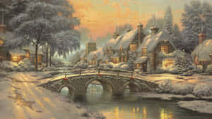 雪村橋樑跨河，金色日落時窗戶發光
