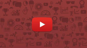 YouTube 播放按鈕被社交媒體和成就圖標包圍在栗色背景上。