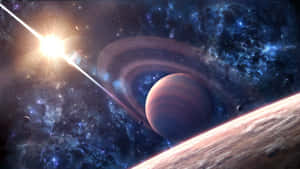 一顆環狀行星在明亮的恆星下於色彩繽紛的星雲中閃耀。