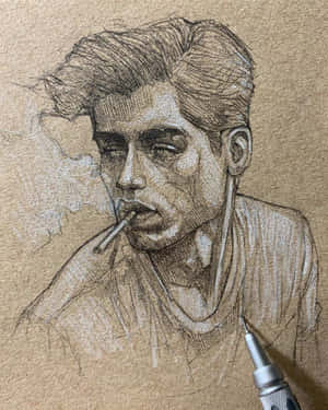一個男人抽煙的鉛筆素描特寫，煙霧裊裊升起。