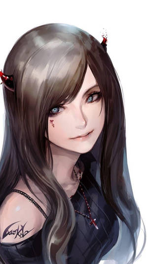 動漫女孩，深色頭髮，小紅角，穿著黑色服裝，戴著十字架項鍊。