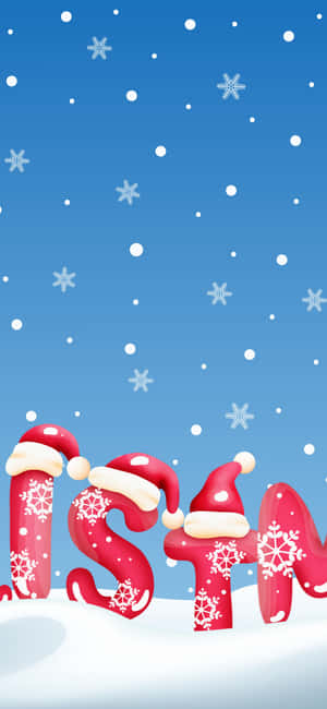 紅色節日字母拼出merry，帶有聖誕帽和雪花，在飄雪中。 — POCO M 壁紙