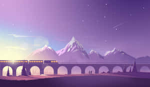 火車在暮色中穿越拱橋，背景有雪山和星空。