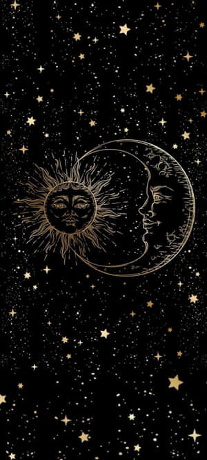 黑色背景上金色星星中的帶有面孔的天體太陽和月亮。 — 唯美月亮動圖 壁紙