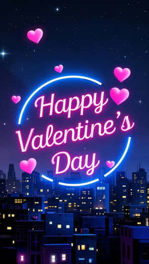 夜間城市天際線上帶有心形的霓虹 Happy Valentine's Day 招牌 — 未來風格動態圖 壁紙