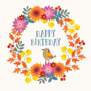 Happy Birthday 花環，帶有鳥、秋葉和花朵