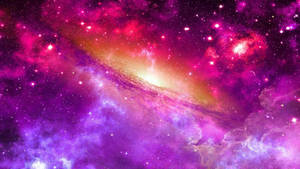 充滿活力的紫色和粉紅色星系，帶有發光的星星和宇宙雲。
