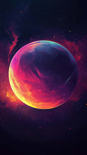 一顆發光的行星，帶有旋轉的紅色、橙色和藍色色調，在星空的宇宙場景中 — 紫色美學 壁紙