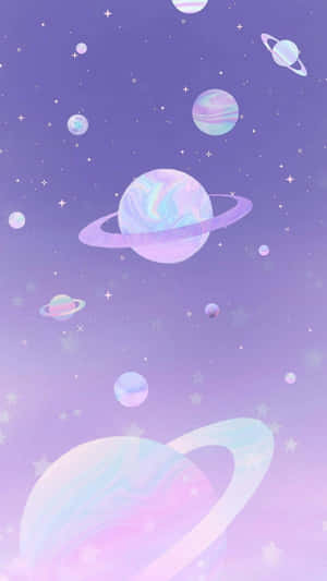粉彩行星帶有光環，漂浮在星星之間，背景是漸變紫色天空。 — 淺紫色動態圖片 壁紙