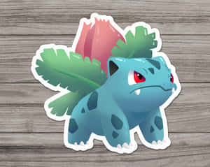 藍色 Bulbasaur 寵物小精靈貼紙，帶有葉冠，木質背景 — 白色美學gif 壁紙