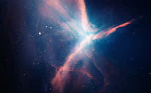一個色彩繽紛的宇宙星雲，在遙遠的星星中閃爍著粉紅色和藍色的氣體。