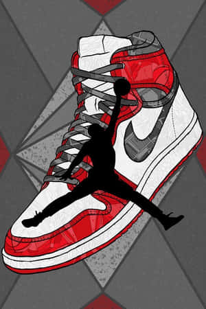 紅白相間的 Jordan 運動鞋，帶有 Michael Jordan 穿過鞋帶灌籃的黑色剪影。