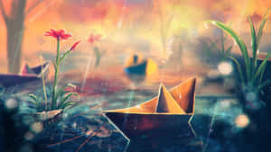 紙船在雨中漂流，伴隨紅花和溫暖發光的天空 — 插畫 壁紙