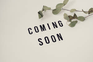 米色背景上，帶有尤加利枝條的「COMING SOON」文字瓷磚。