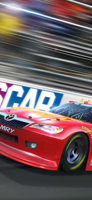 紅色NASCAR賽車在賽道上奔馳，背景模糊。