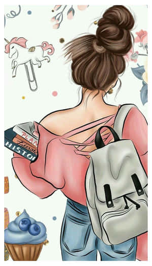 背著背包和書本的女孩，周圍有漂浮的獨角獸和杯子蛋糕。
