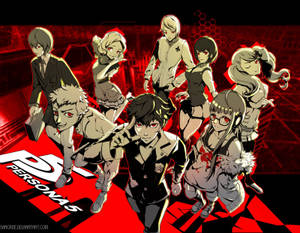 來自 Persona 5 的七個動漫角色，紅眼睛，穿著校服，動態擺姿勢。