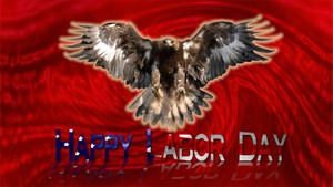 鷹在紅色布料上飛翔，帶有Happy Labor Day文字。