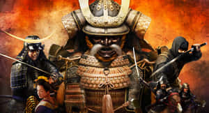 武士和忍者戰士在戰鬥中，一位跪著的女子在火紅的橙色背景中。