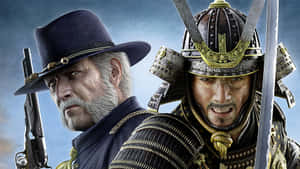 牛仔和武士穿著戰鬥裝備，互相凝視。