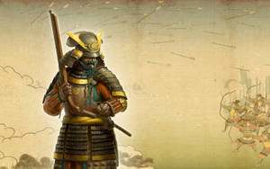 身穿精細盔甲的武士戰士，在戰鬥場景中面對迎面而來的箭矢。