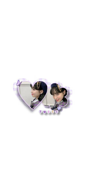 兩個心形照片，一個微笑的女孩帶有紫色蝴蝶和「TWICE」文字。
