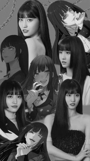 黑白拼貼畫，真實女性和動漫女孩，鎖鏈和戲劇性表情。