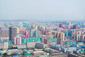 在朦朧的天空下，密集的城市景觀中色彩繽紛的高層建築。