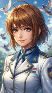 身穿軍裝的年輕動漫女孩，白鴿在她周圍明亮的天空中飛翔