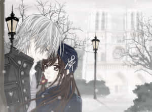 動漫情侶在聖母院附近的雪中擁抱。 — 可愛情侶 GIF 壁紙
