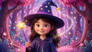 一位可愛的年輕女巫，在魔法森林中手持玩具魔杖。