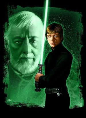 Luke Skywalker手持綠色光劍，身後有Obi-Wan Kenobi的幽靈面孔。