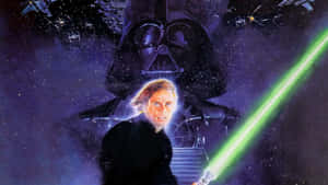 Luke Skywalker揮舞綠色光劍，Darth Vader在太空聳立於其後。