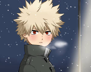 刺蝟頭金髮紅眼動漫男孩在夜晚看著雪窗外。
