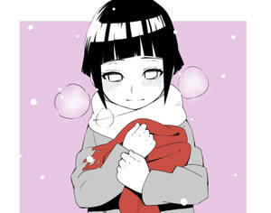 動漫女孩穿著冬季外套，擁抱紅色圍巾，雪花飄落。